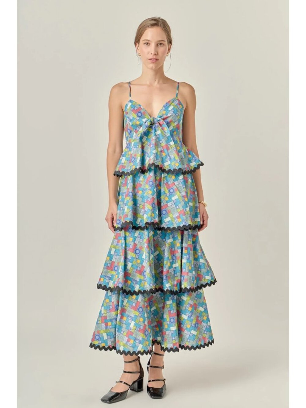 ENGLISH FACTORY Grid Print Tiered Maxi Dress with Ric Rac Trim Size L